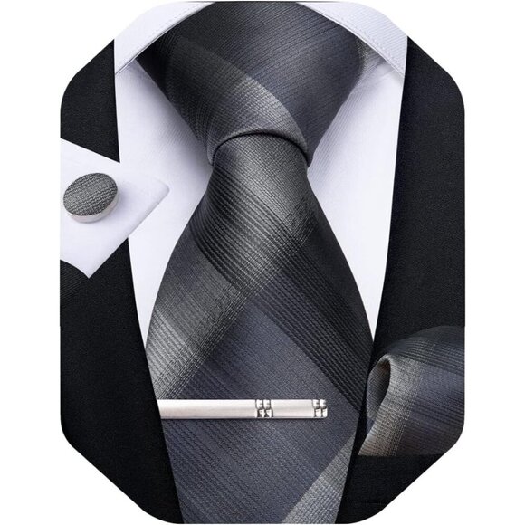 🆕Men Grey Plaid Silk Checkered Necktie Pocket Square Cufflinks Tie Clip Set - Picture 1 of 7